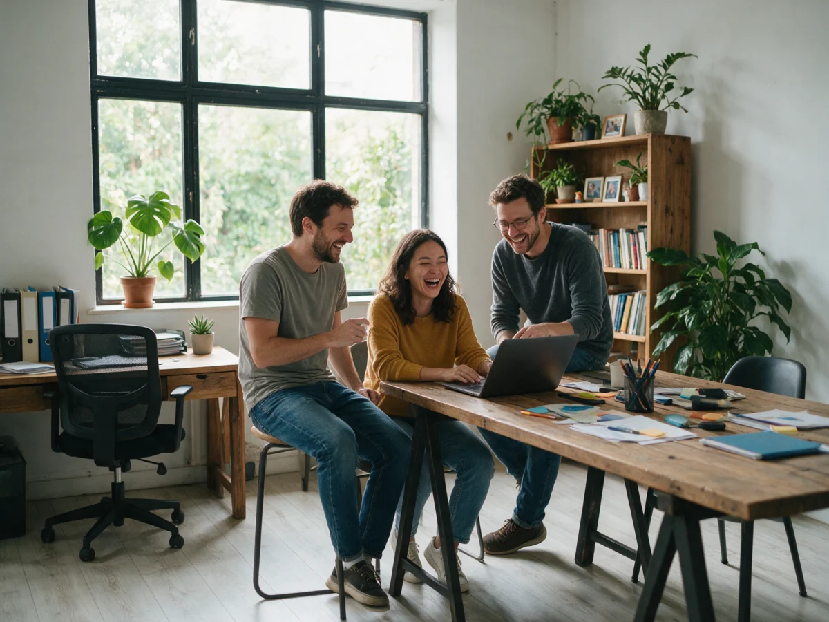 Three coworkers in casual clothes laughing around a laptop