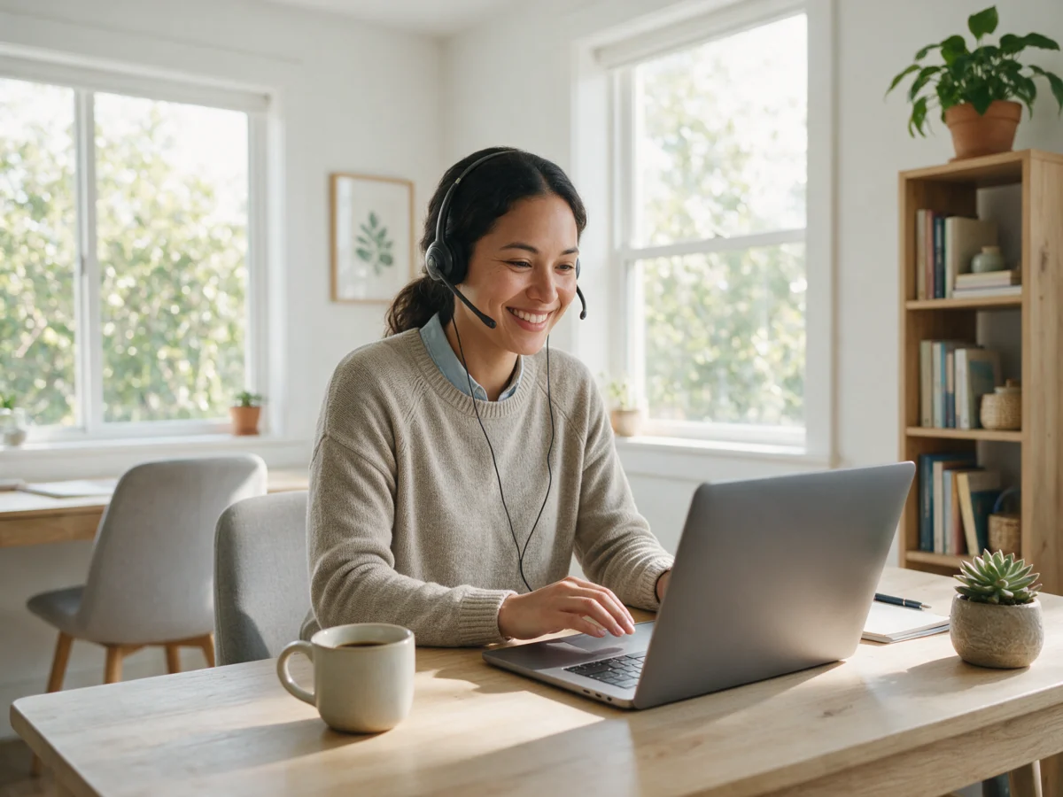 Customer support agent with headset helping a client online