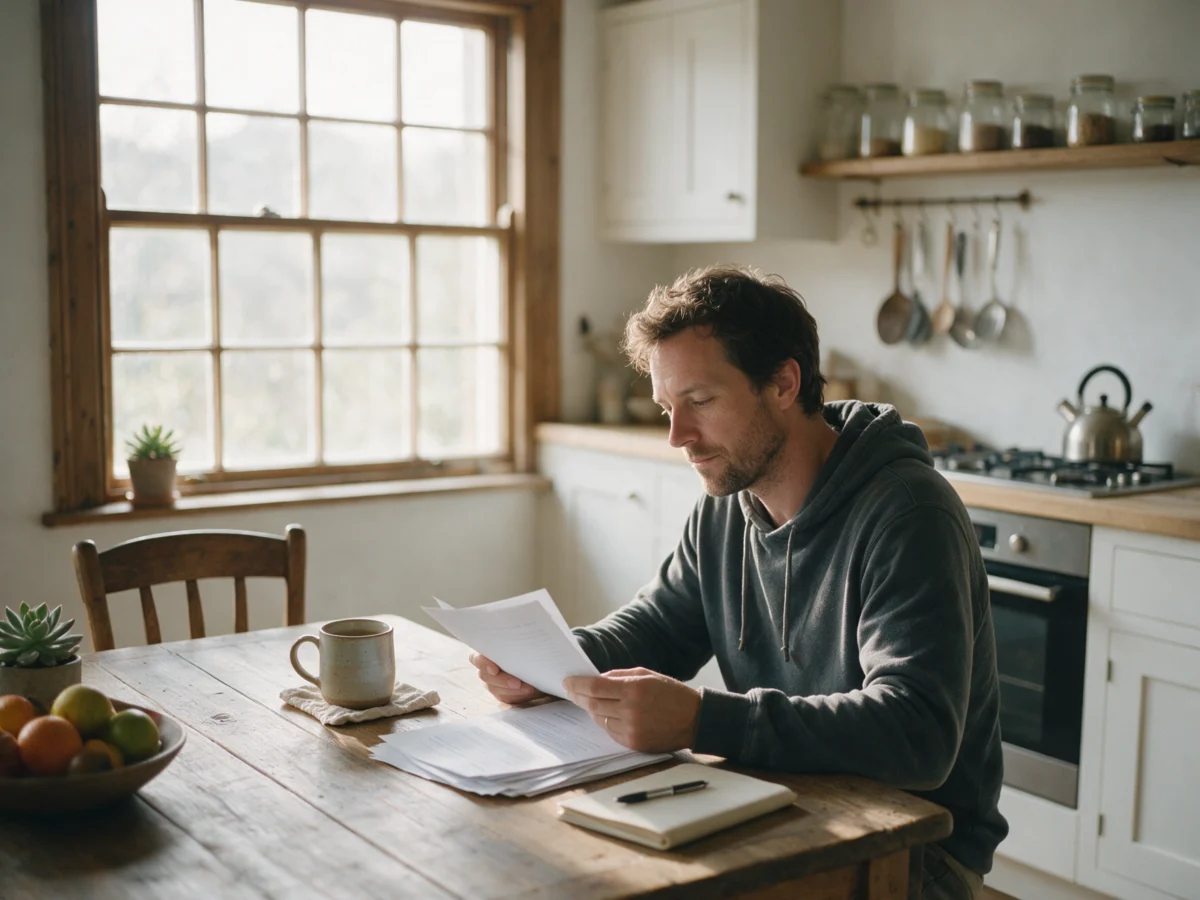 Man reviewing his finances calmly at the kitchen table