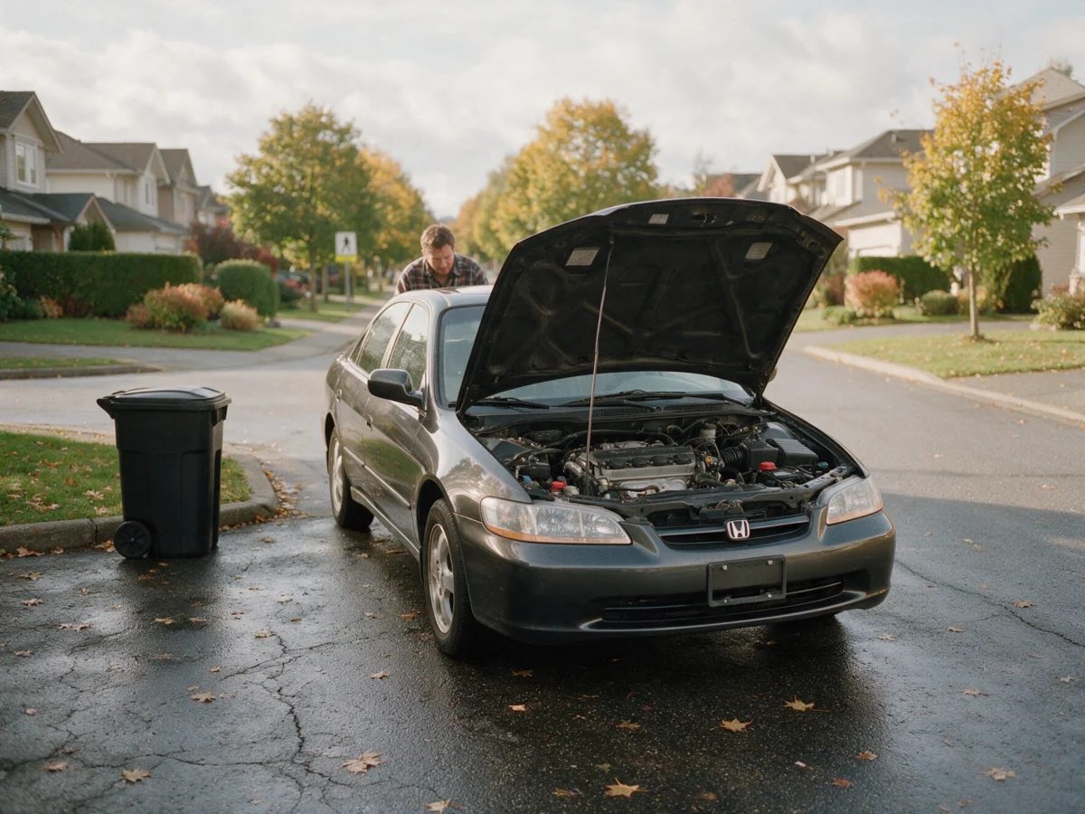 Man checking his car engine on his driveway after an unexpected breakdown