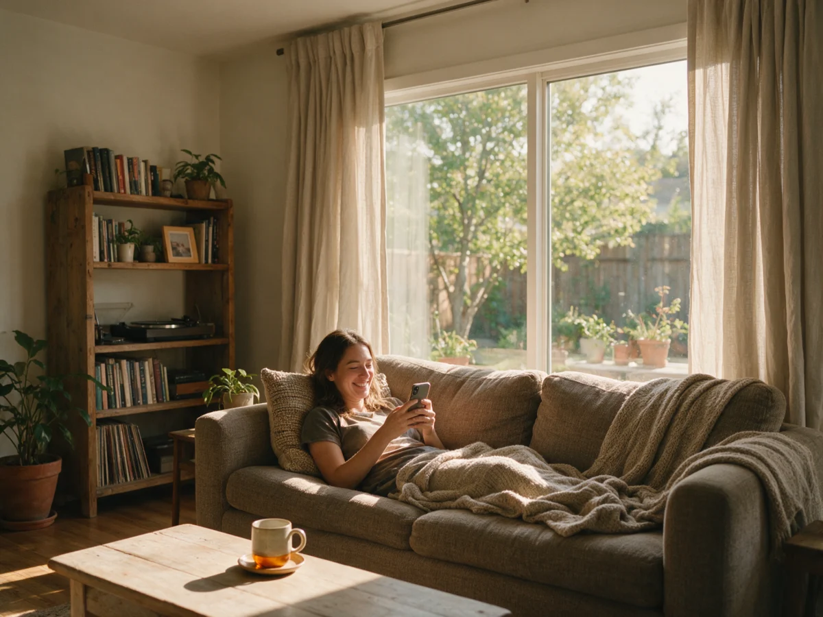 Young woman smiling at her phone on the sofa while waiting for an e-Transfer