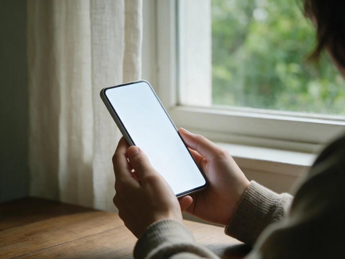 Hands holding a smartphone at a wooden table by a window