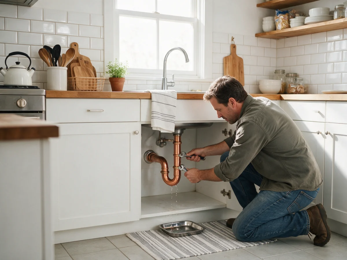 Homeowner fixing a leaking kitchen sink with a wrench