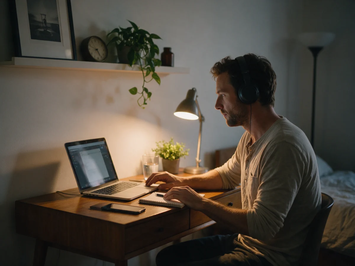 Man with headphones working at a home desk with a laptop and phone