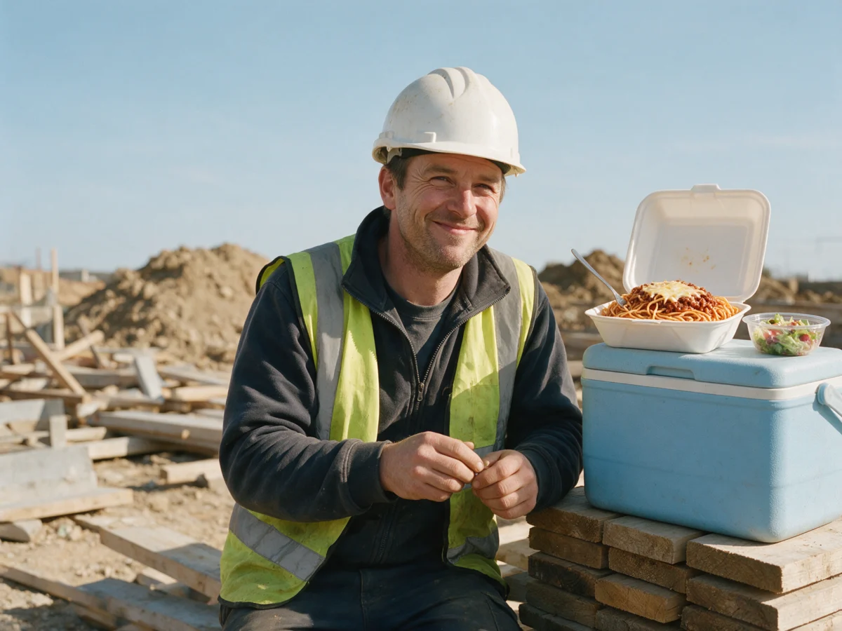 Construction worker in a hard hat taking a break on a job site