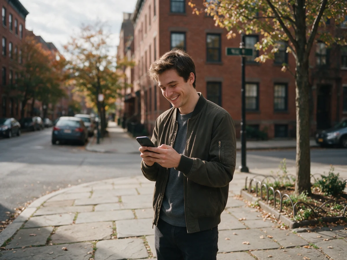 Young man smiling at his phone on a city street