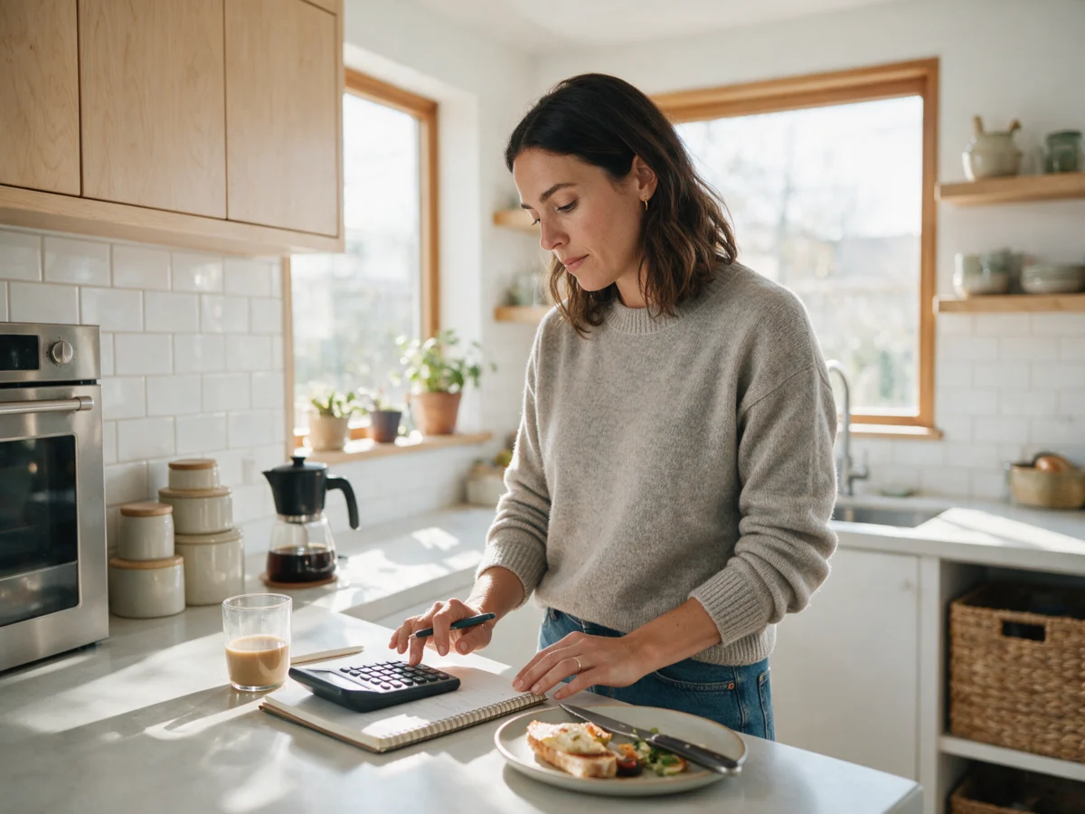 Woman planning her monthly budget with a calculator and notebook
