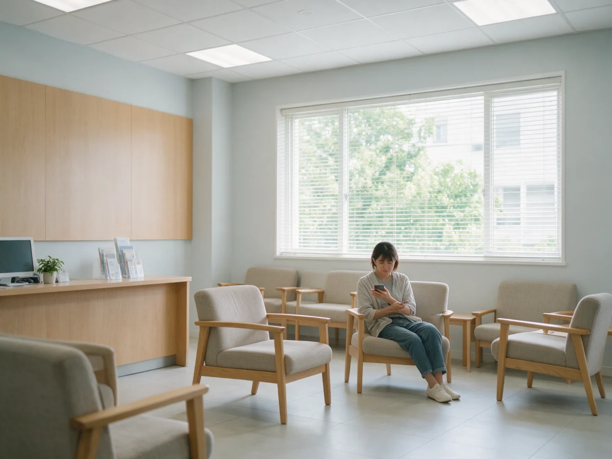 Woman reading on her phone in a clinic waiting room