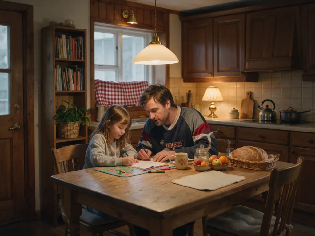 Father helping his daughter with homework at the kitchen table