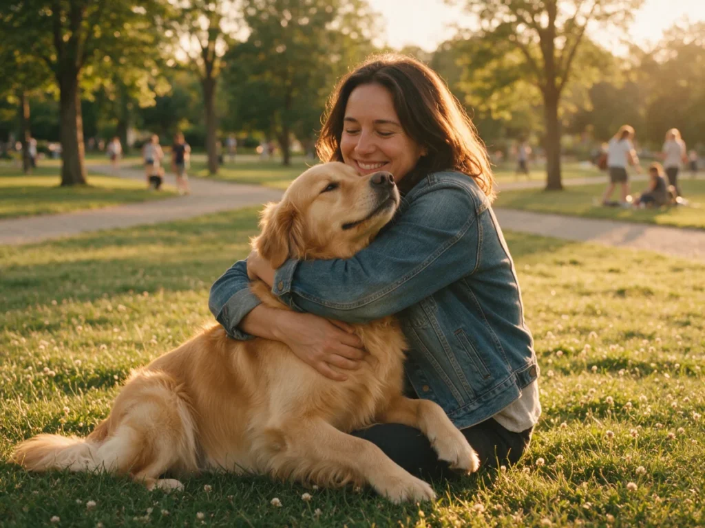 Woman hugging her golden retriever in a park