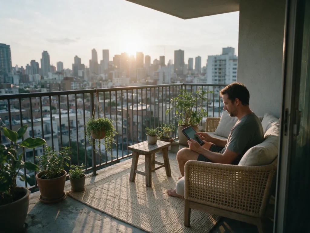 Man using a tablet on a city balcony