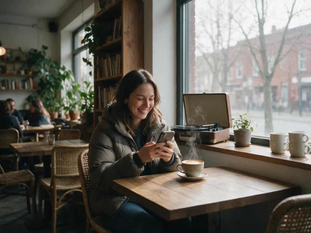 Woman in a cafe happily checking her phone