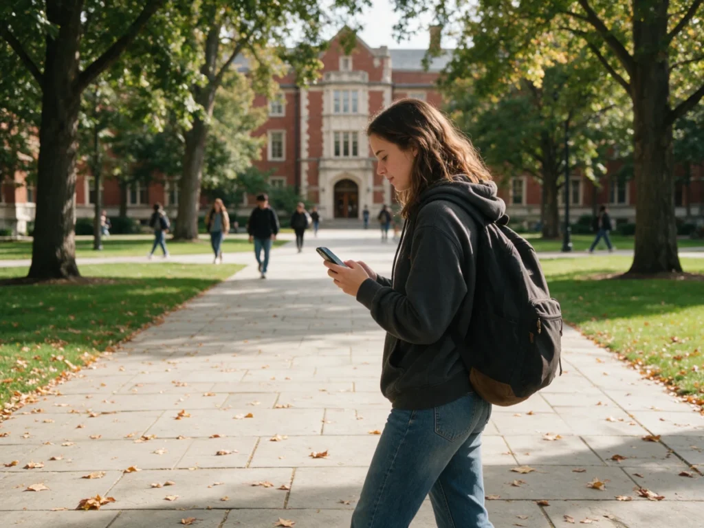 College student walking across campus while checking her phone
