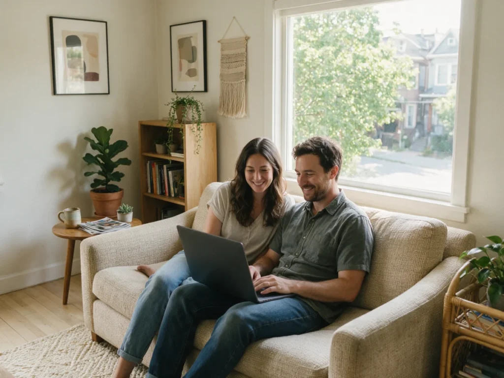 Young couple relaxing on a couch looking at a laptop together
