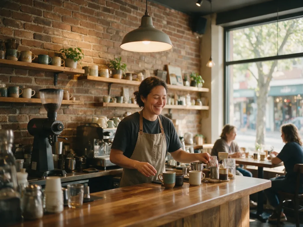 Smiling barista in an apron behind a coffee shop counter